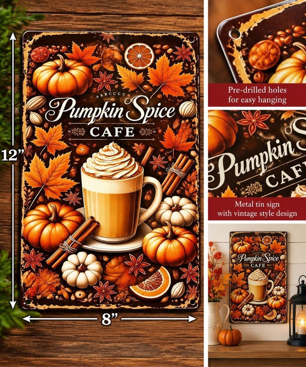 Pumpkin Spice Cafe Fall Coffee Metal Tin Sign 8x12 New